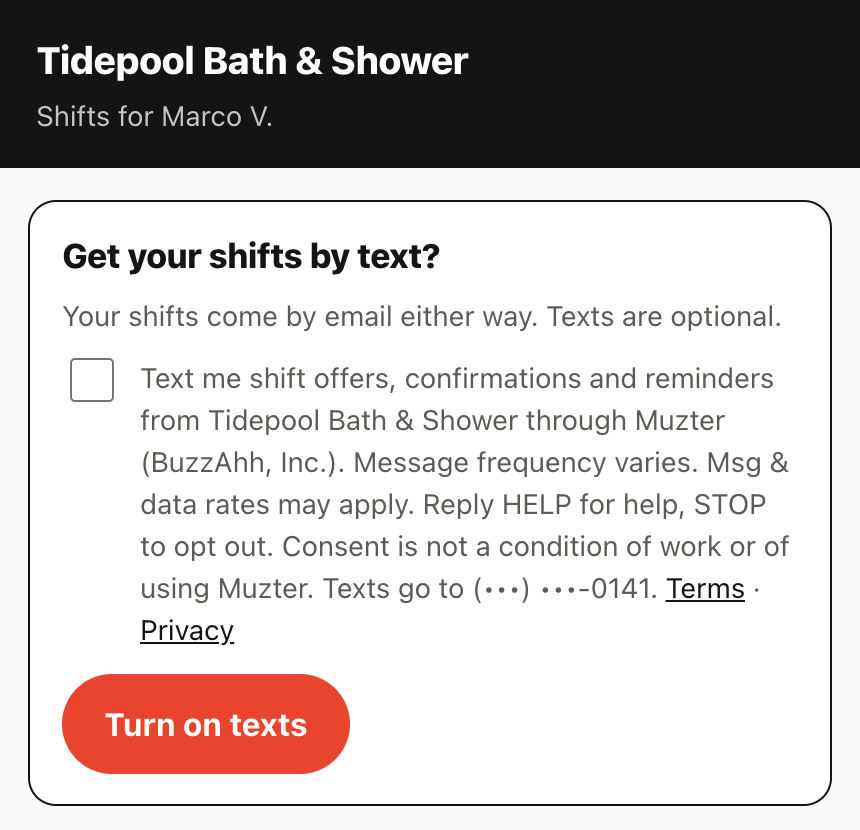 A crew member's schedule page with the unchecked box to turn on shift texts, its full disclosure, and the Turn on texts button